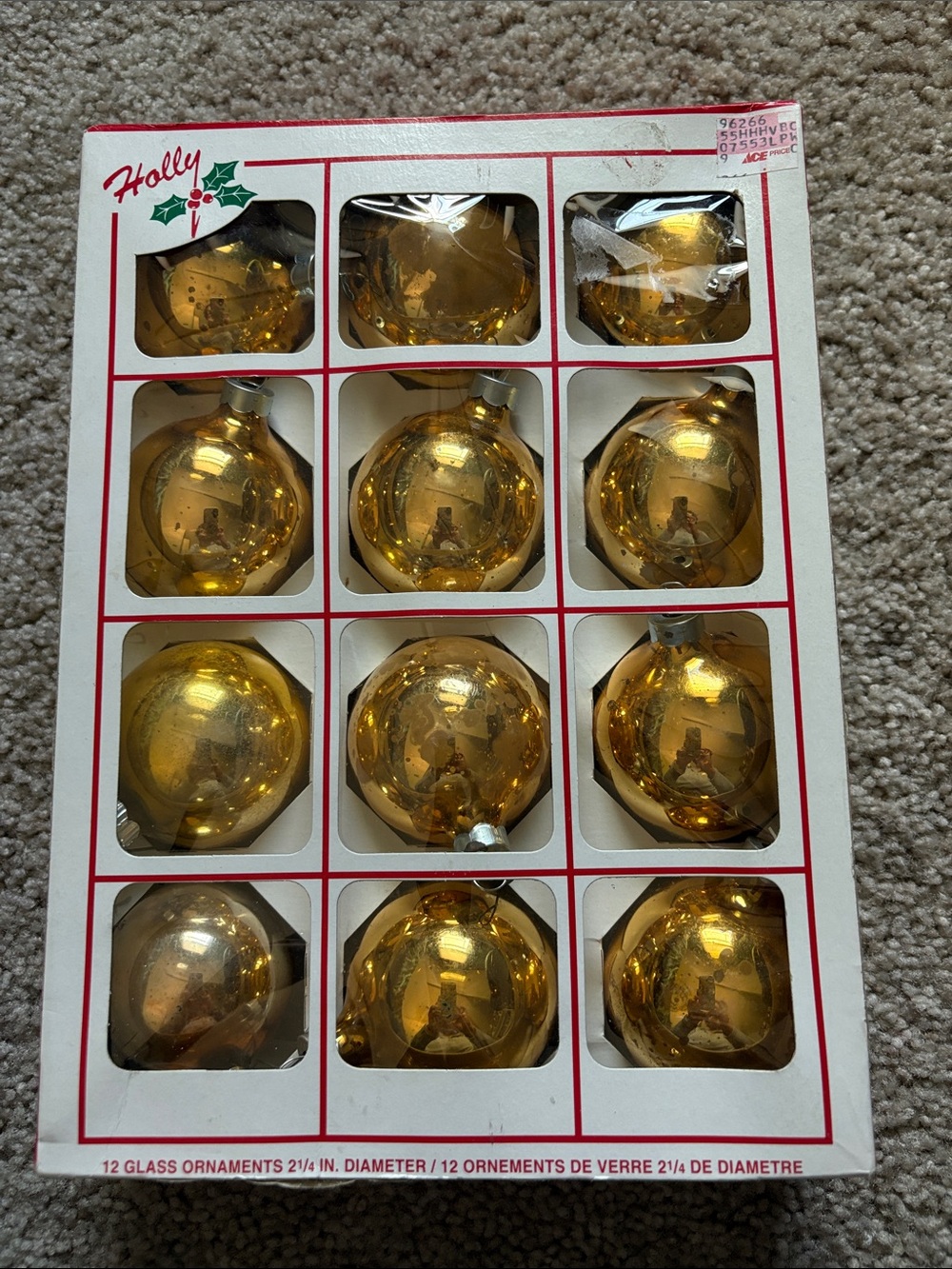 Holly Vintage Gold Glass ball Ornaments 2.25in